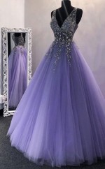 Lila Perlenkleid Mit Langem Abschlussball REALS118