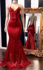 Rotes V-ausschnitt-straps-paillon Meerjungfrau Lang Ballkleider REALS146