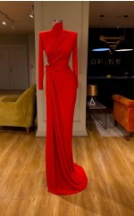 Hoher Hals Langhärmerisches Rotes Prom -kleid REALS149