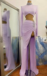 Rosa Split Lang Sleeve Prom Dress Meerjungfrau Hoher Nacken REALS156