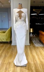 Weiße Langarm -spitzen Applikationen Meerjungfrau Ballkleider REALS159