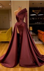 Dunkler Burgunder Langhülle High Split One Ärmel Abendkleid REALS163