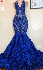 Königsblau V-ausschnitt Halfter-pailletten Muster Blumen-prom-kleid REALS175