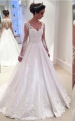 Charmantes V-ausschnitt Appliziert A-linie Brautkleid Mit Langen Ärmeln Twa0232