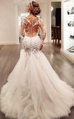 Lange Ärmel Hofschleppe Elfenbein Brautkleid Mit Spitzenapplikationen Twa0372