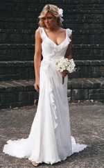 Elegantes V-ausschnitt Chiffon Rüschen ärmelloses Brautkleid Brautkleider Twa1422