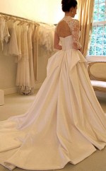 Lange Ärmel Stehkragen Spitze Hofschleppe Satin Brautkleid Twa1592