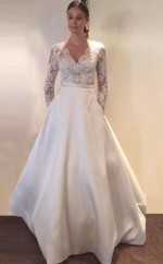 A-linie Lange Ärmel Satin Brautkleid Mit Taschen Spitze Twa2162