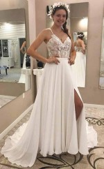 A-linie Spaghettiträger Chiffon Brautkleid Mit Spitzenschlitz Twa2502