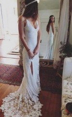 Mantel Spitze Rückenfreies Scoop ärmelloses Geteiltes Gericht Schleppe Brautkleid Twa2582