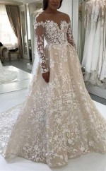 A-linie Illusion Bateau Lange Ärmel Rückenfreies Brautkleid Aus Elfenbeinspitze Twa2612