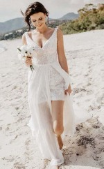 A-linie V-ausschnitt Abnehmbare Schleppe Langes Strand Brautkleid Twa2642