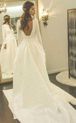 A-linie Rundhals Rückenfreies Satin Brautkleid Mit Ärmeln Twa2662