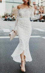 Meerjungfrau Schulterfreies Hoch Niedriges Spitzenhochzeitskleid Mit Langen Ärmeln Twa2782