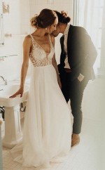 Elfenbein Strand Brautkleid Durchsichtig Perlen Perlen Brautkleid Twa2932