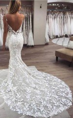 Wunderschöne Meerjungfrau-träger Offener Rücken Spitzenhochzeitskleid Twa3052