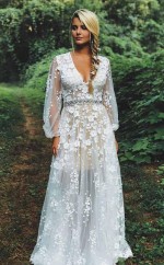 Bescheidenes Brautkleid Mit V-ausschnitt, Weißer Spitze, Langen Ärmeln Und Perlenstickerei Twa3302