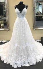 Ballkleid Mit V-ausschnitt Spaghetti-trägern Elfenbein Spitze Langes Hochzeitskleid Twa3312