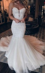 Elegantes Schatz Meerjungfrau Spitze Langes Brautkleid Mit Perlen Twa3562