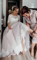 Halbe Ärmel Rosa Rückenfreies Bodenlanges Brautkleid Zum Schnüren Twa3672