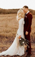 Elfenbein Langarm Rustikales Hochzeitskleid Rückenfreie Hülle Strandhochzeitskleid Twa3842