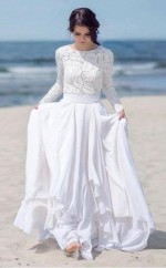 Chiffon-spitze Langarm Weißer Reißverschluss Strand Brautkleid Twa4512