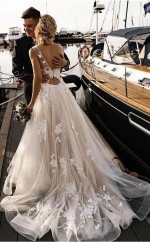 A-linie Blumenapplikationen Strand Brautkleid Rückenfreies Brautkleid Twa4672