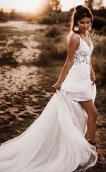 Spitze Mieder V-ausschnitt Brautkleid Weiß Rückenfrei A-linie Brautkleid Twa4682