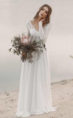 Schlichter V-ausschnitt Mit Offenem Rücken Lange Ärmel Spitzenstrandhochzeitskleid Twa4742