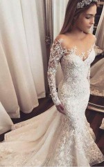 Meerjungfrau Elfenbein Spitze Sweepbrush Schleppe U-ausschnitt Langarm Brautkleid Twa4952