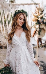 A-linie Weißes Bodenlanges Brautkleid Aus Spitze Mit Langen Ärmeln Twa5422