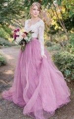 A-linie V-ausschnitt Lange Ärmel Rosa Tüll Brautkleid Mit Spitzenapplikationen Twa5452