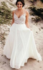 Spaghettiträger Ausschnitt A-linie Rustikales Brautkleid Mit Perlen Twa5492