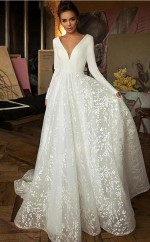 A Line Elegante Lange ärmel V-ausschnitt Strand Hochzeitskleid Brautkleid Twa5512