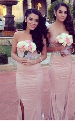 Einfache Hülle Schatz Brautjungfernkleider Seitenschlitz Ballkleider Mit Perlen Be VZ0232