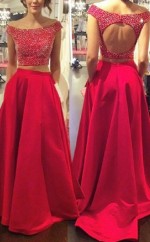 Rote Satin A-linie Von Der Schulter Kurzarm Sweep Zug Zweiteilige Ballkleider (GJT3873)