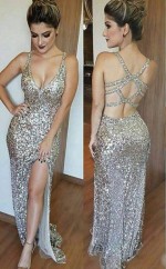 Scheide Pailletten V-ausschnitt Zug Mit Pailletten Kleid JTC5443