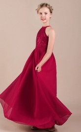 Burgunderrotes halfterloses Spitzen-Chiffonkleid für formelle Anlässe für Kinder, Junior-Brautjungfernkleid GJFGD040
