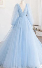 Langarmes Hellblaues Abschluss ballkleid REALS052