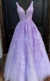 V Hals Lila Spitzen -Abschluss ballkleid REALS067