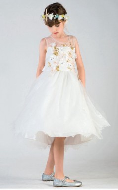 A-Linie Juwel ärmelloses elfenbeinfarbenes Tüll knielanges Kinder Abendkleid (GACH028)
