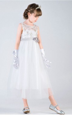 ärmelloses beige Tüll-Tee-Abendkleid für Kinder in A-Linie (GACH029)