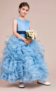 A-Linie Illusion ärmelloses hellblaues Organza knöchellanges Kinderballkleid (GACH062)