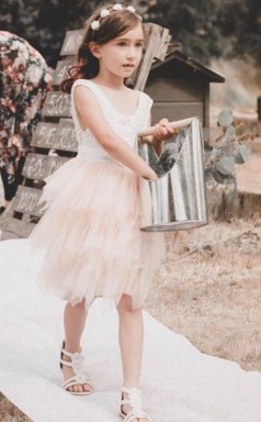 rosa erröten Blumenmädchen Kleider Spitze Applikationen Boho Mädchen Geburtstagskleid knielangen Tüll Festzug Erstkommunion GACH066