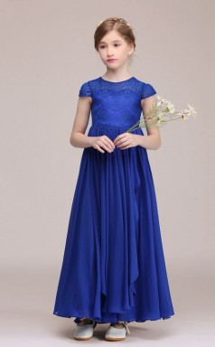 Niedliche Königsblaue Spitze Chiffon Kinder Mädchen Flügelärmel Brautjungfern Hochzeitsfeier Kleid GBCH026