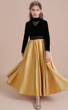 Schöne Schwarze Satin Flanell Kinder Mädchen Langarm Geburtstagsfeier Festzug Kleid GBCH046