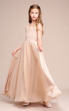 Erschwingliches Champagner V-ausschnitt Junior Brautjungfernkleid Bodenlanges Festzugskleid Mit Spitzendetails GBCH053