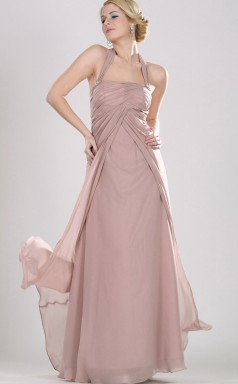 Nude rosa Chiffon A-Linie Halfter lange Brautjungfer Kleid (GBD466)