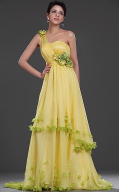 Gelbes Chiffon A-Line One Schulter langes Brautjungfernkleid (GBD527)