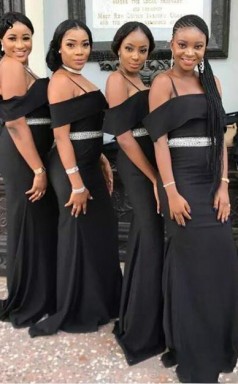 Schicke Schwarze Trägerlose Brautjungfernkleider Spaghettiträger Perlen Gürtel Hochzeitsfestkleid BED05222